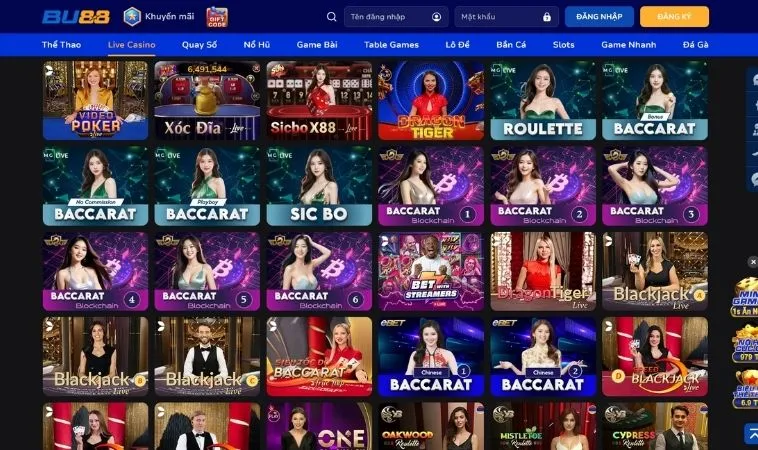 Đa dạng các trò chơi live casino hấp dẫn tại sảnh Casino Online Blue88