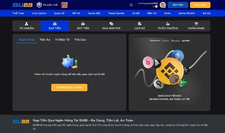 Giao diện nạp tiền Blue88